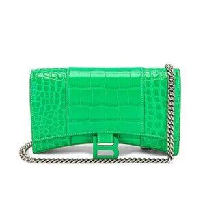 NWT Balenciaga Hourglass Wallet On Chain Shoulder Bag Kelly Green Croc Embossed